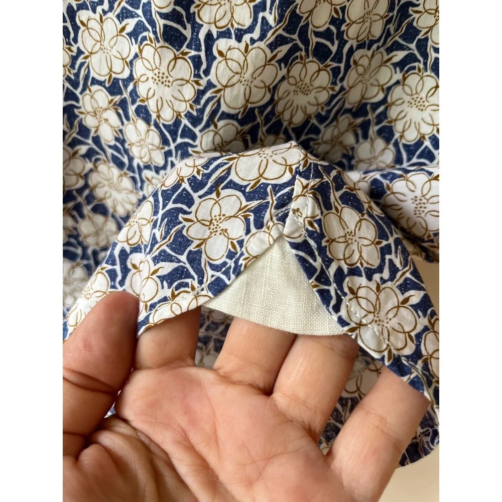 Serge Blanco Men's Sz XL Beige Navy Floral Button Up Shirt Classic Fit Italian